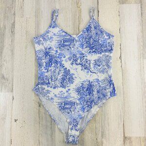 H&M Sz M Blue White Jungle Toile Tank Top Bodysuit Womens